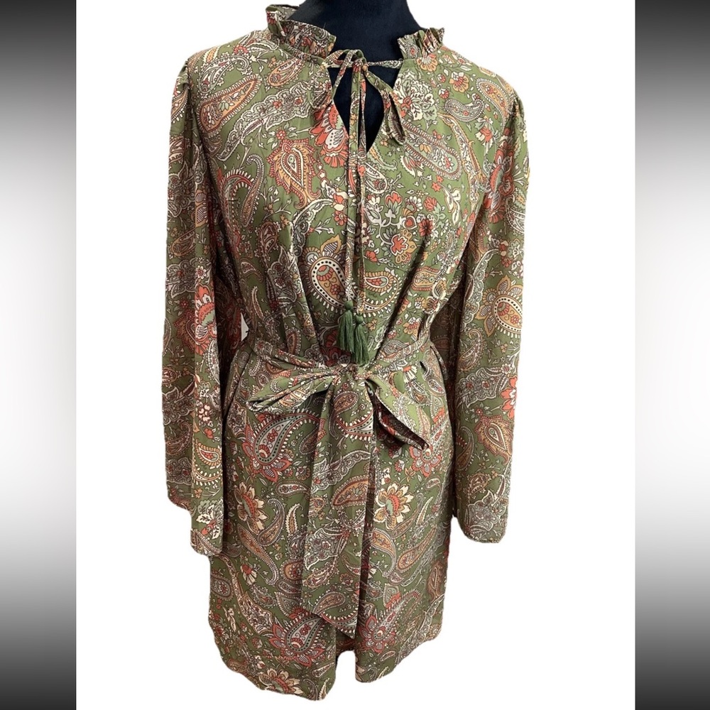 🆕Flying Tomato Green w paisley patterned bell sleeve open back groovy mini dress